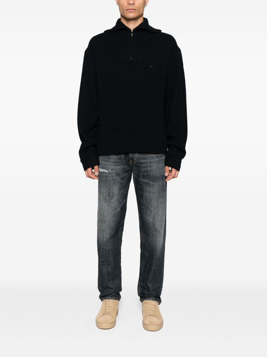 Emporio Armani Half Zip Wool Sweater For Men Navy Virgin Wool Breathable Warmth And Versatility