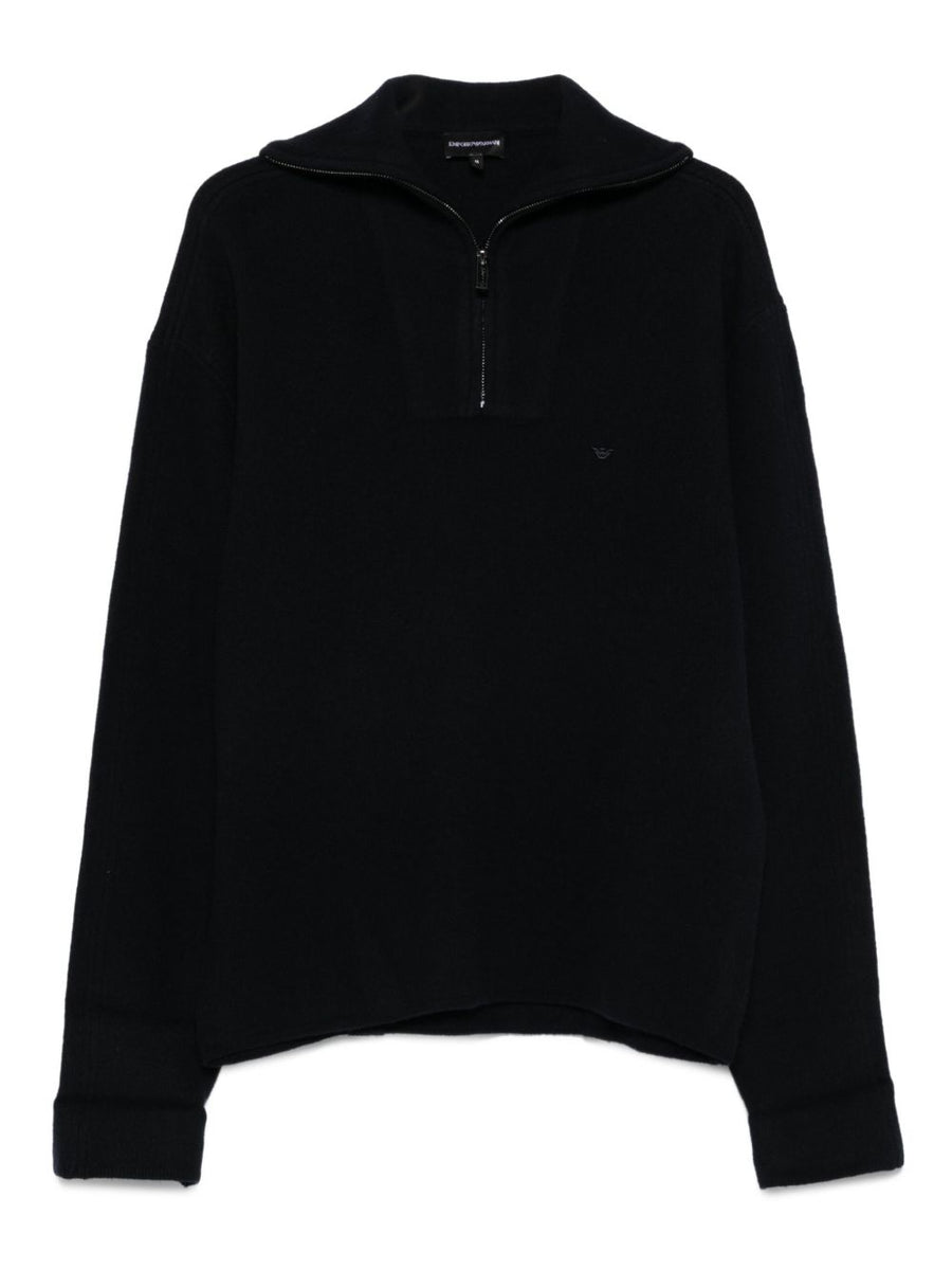 Emporio Armani Half Zip Wool Sweater For Men Navy Virgin Wool Breathable Warmth And Versatility