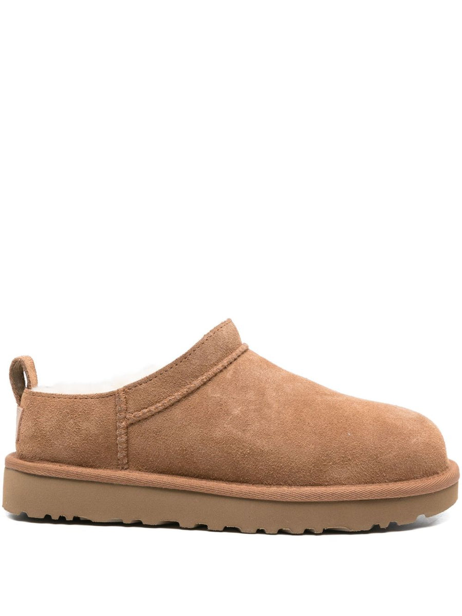 UGG Womens Classic Micro Slippers Plush Sheepskin Lining for Warmth and Cozy Comfort Beige Calf Suede Upper Indoor Wear