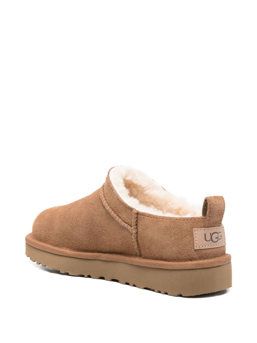 UGG Womens Classic Micro Slippers Plush Sheepskin Lining for Warmth and Cozy Comfort Beige Calf Suede Upper Indoor Wear