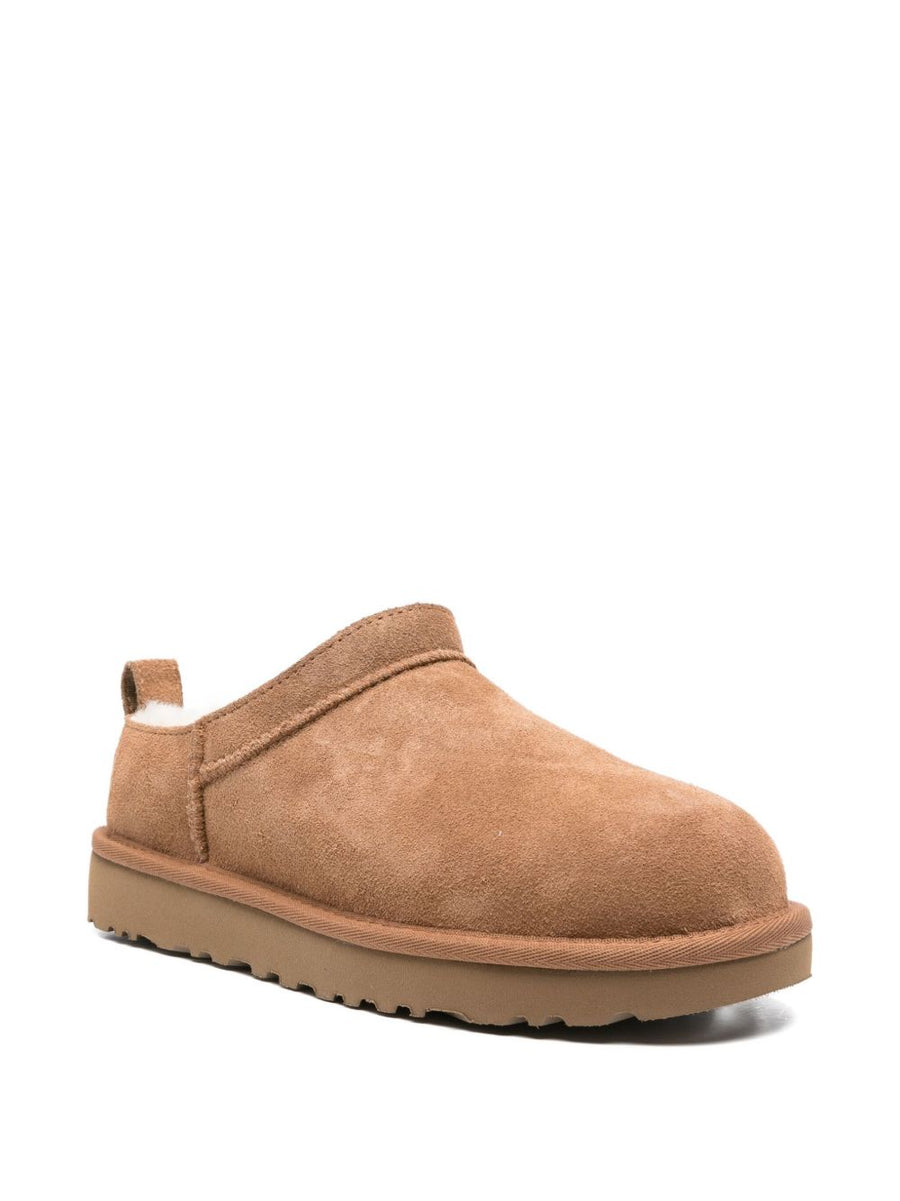 UGG Womens Classic Micro Slippers Plush Sheepskin Lining for Warmth and Cozy Comfort Beige Calf Suede Upper Indoor Wear