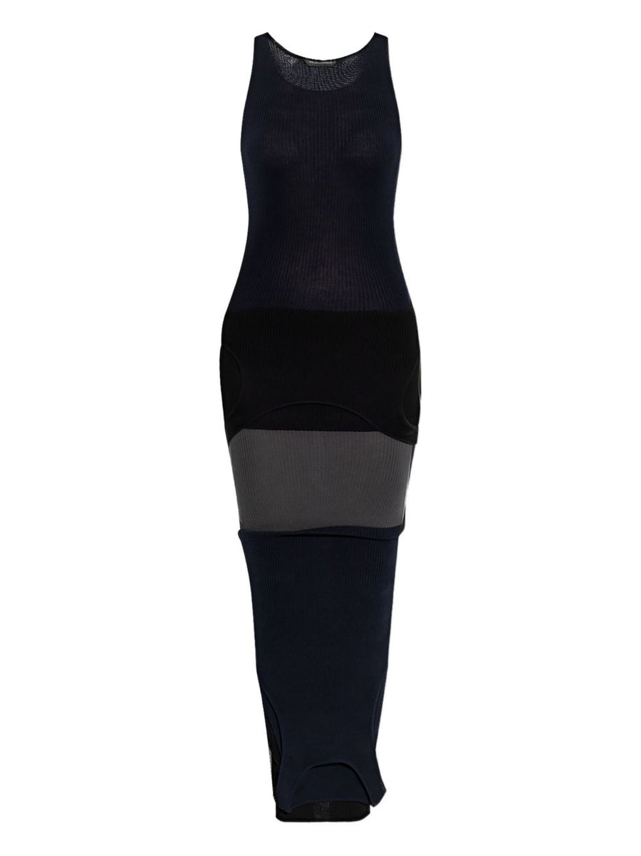 Balenciaga Sleeveless Maxi Dress With Architectural Statement Layered Ribbed Black Cotton For Women