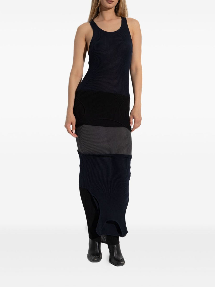 Balenciaga Sleeveless Maxi Dress With Architectural Statement Layered Ribbed Black Cotton For Women