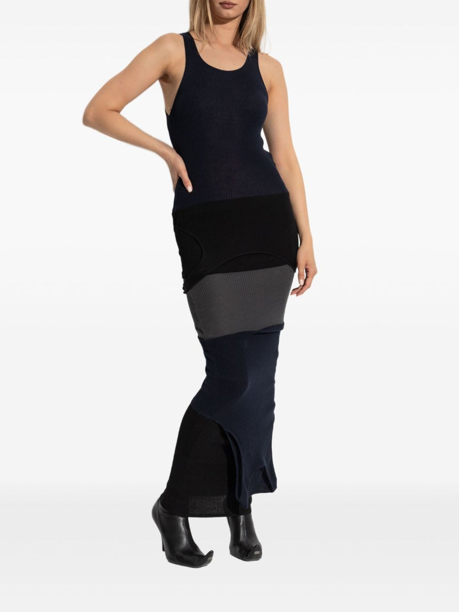 Balenciaga Sleeveless Maxi Dress With Architectural Statement Layered Ribbed Black Cotton For Women