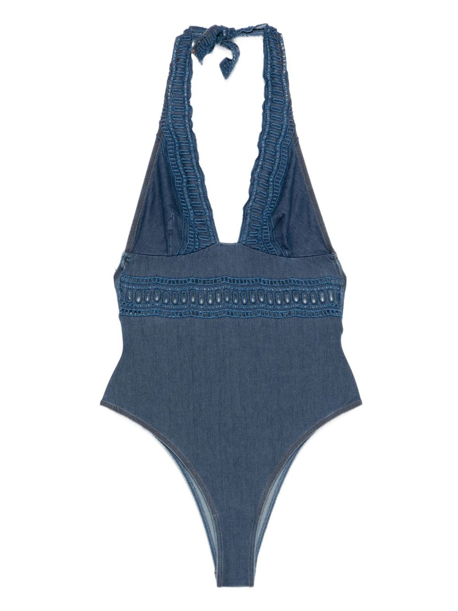 Ermanno Scervino Crochet Lace Halter Swimsuit Blue for Women Luxury Beachwear Premium Spring Summer 2025