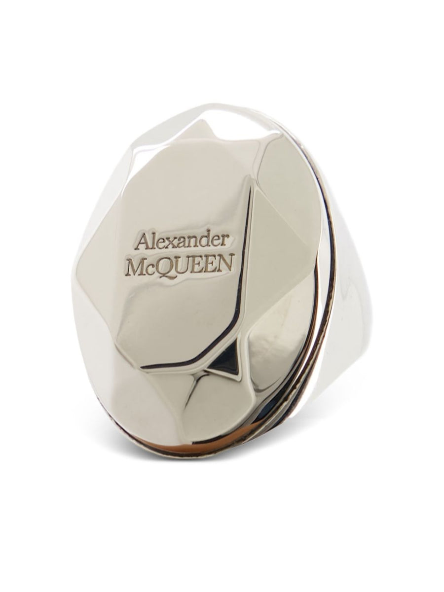 Alexander McQueen Faceted Stone Ring for Women With Bold Silver Tone Brass Band and Engraved Logo