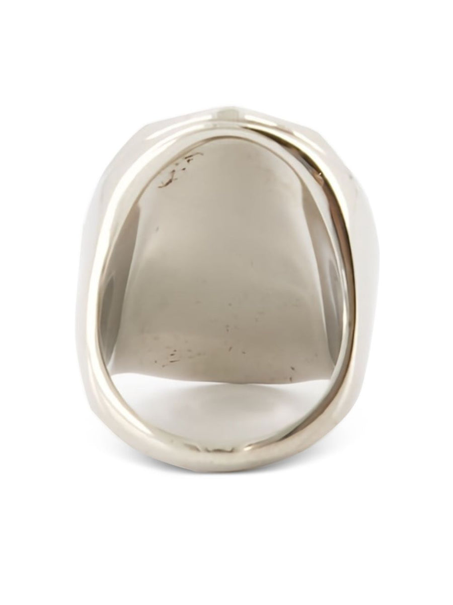 Alexander McQueen Faceted Stone Ring for Women With Bold Silver Tone Brass Band and Engraved Logo