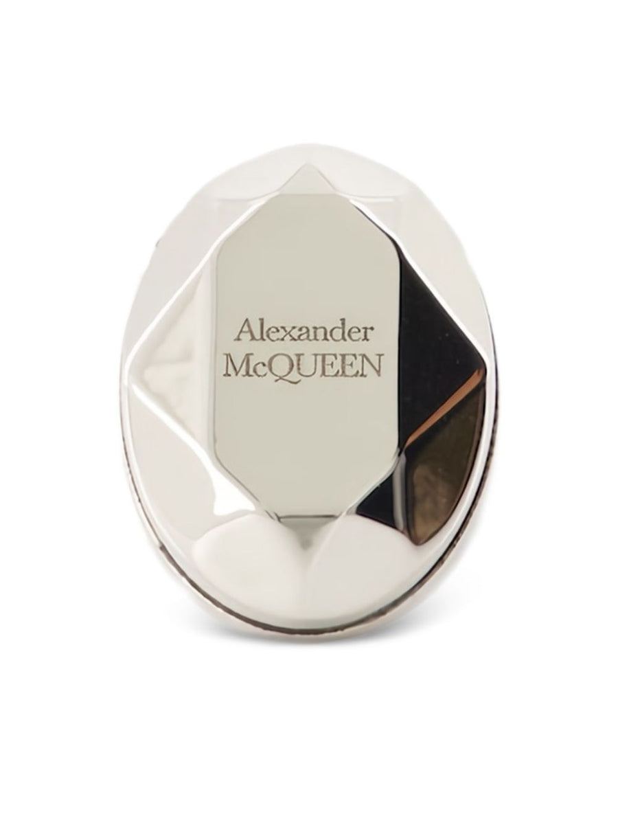 Alexander McQueen Faceted Stone Ring for Women With Bold Silver Tone Brass Band and Engraved Logo