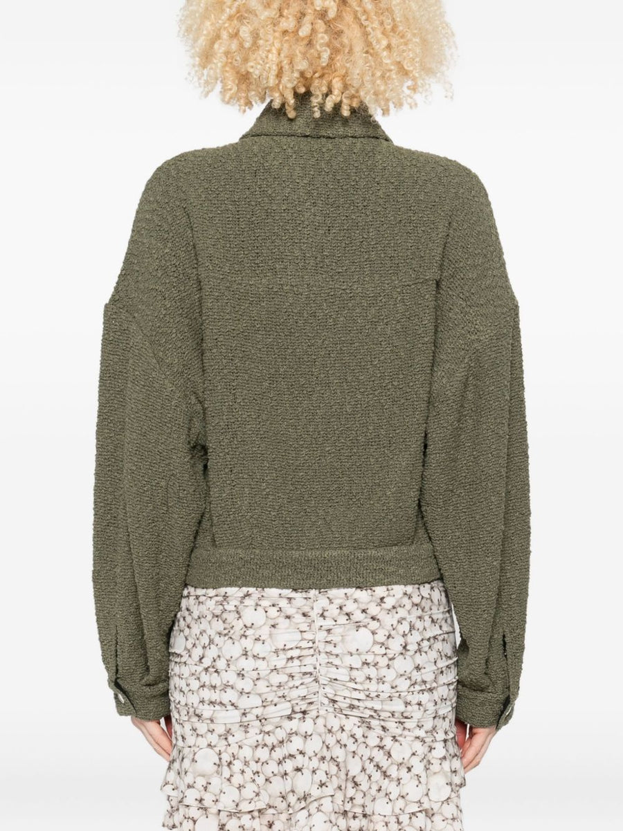 Iro Pabli Cotton Jacket For Women Textured Olive Green Versatile Day To Night With Patch Pockets