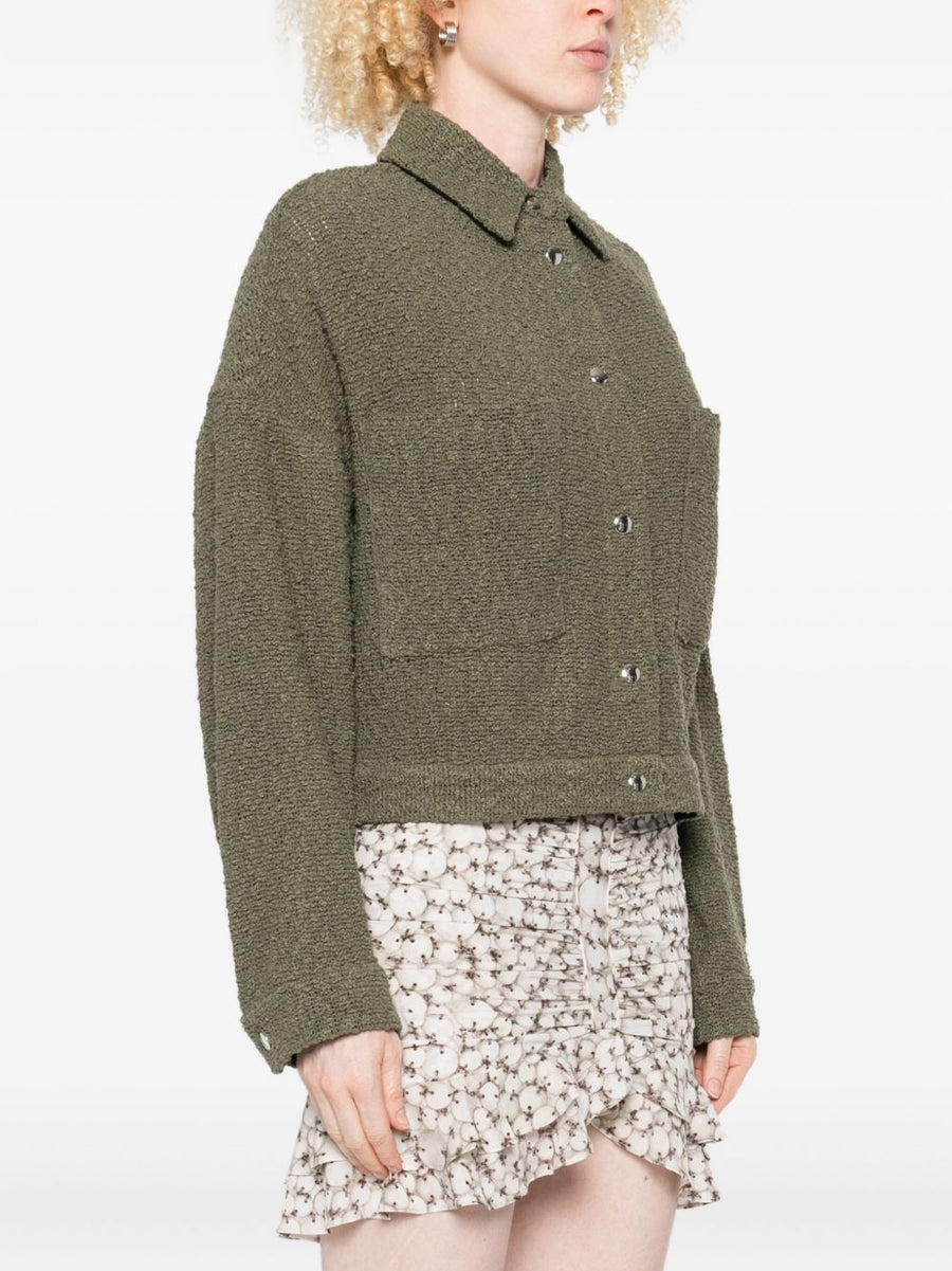 Iro Pabli Cotton Jacket For Women Textured Olive Green Versatile Day To Night With Patch Pockets