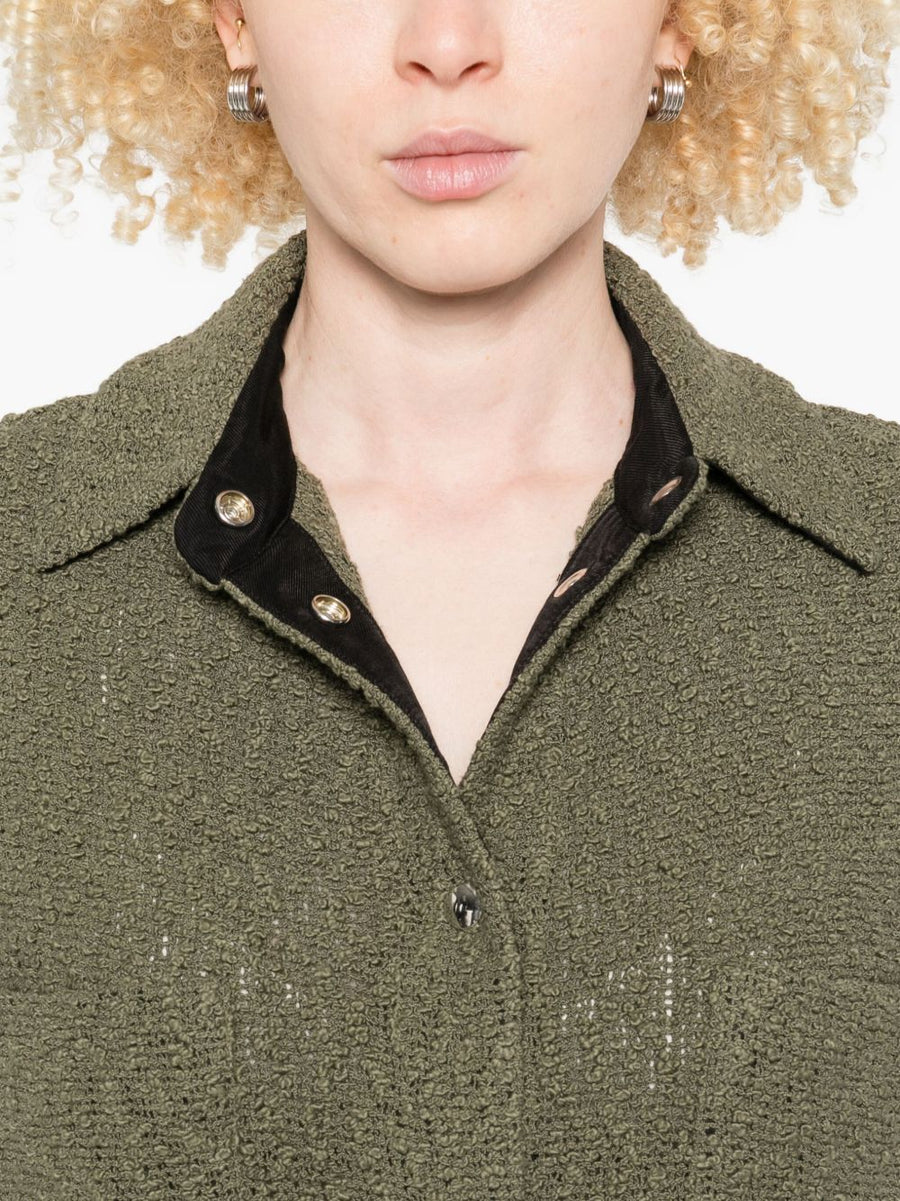 Iro Pabli Cotton Jacket For Women Textured Olive Green Versatile Day To Night With Patch Pockets