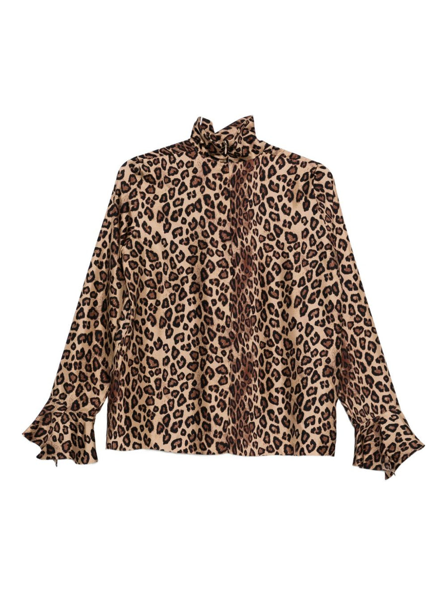 Alberto Biani Printed Silk Blouse for Women Brown Leopard High Neck Long Sleeve Luxury Top