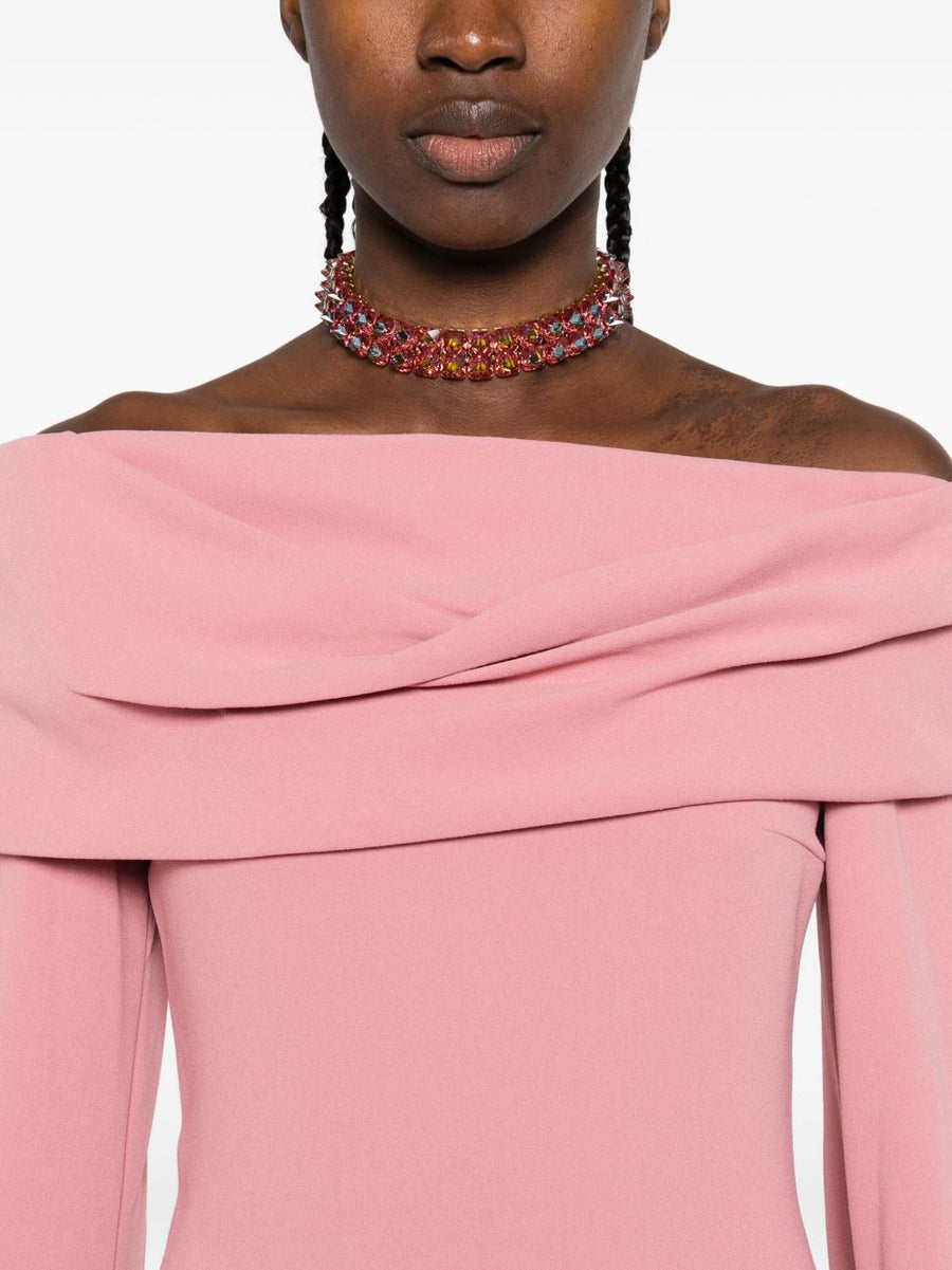 Solace London Nuri Midi Dress Pink Off Shoulder Silhouette Flattering Fit For Events Women