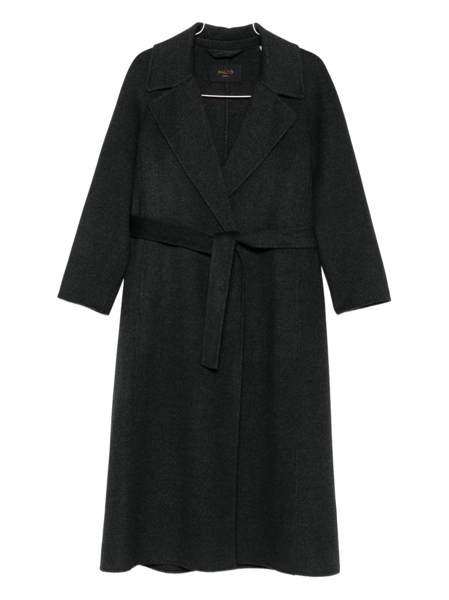 Paltò Paola Grey Wool Coat for Women, Self-Tie Belt, Notched Lapel, Tailored Luxury Outerwear