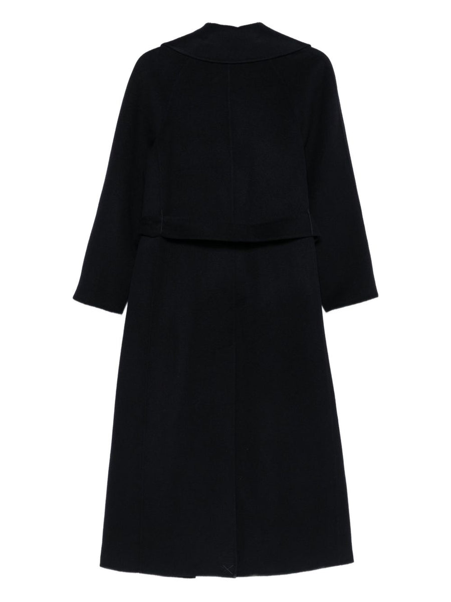 Paltò Paola Navy Wool Coat For Women Wrap Front A Line Silhouette Self Tie Belt All Wool Outerwear