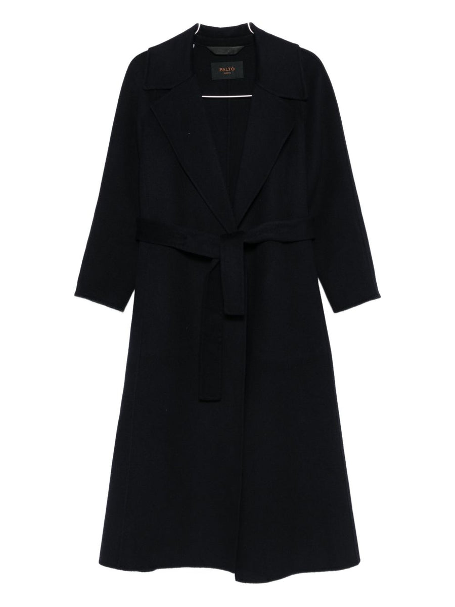 Paltò Paola Navy Wool Coat For Women Wrap Front A Line Silhouette Self Tie Belt All Wool Outerwear