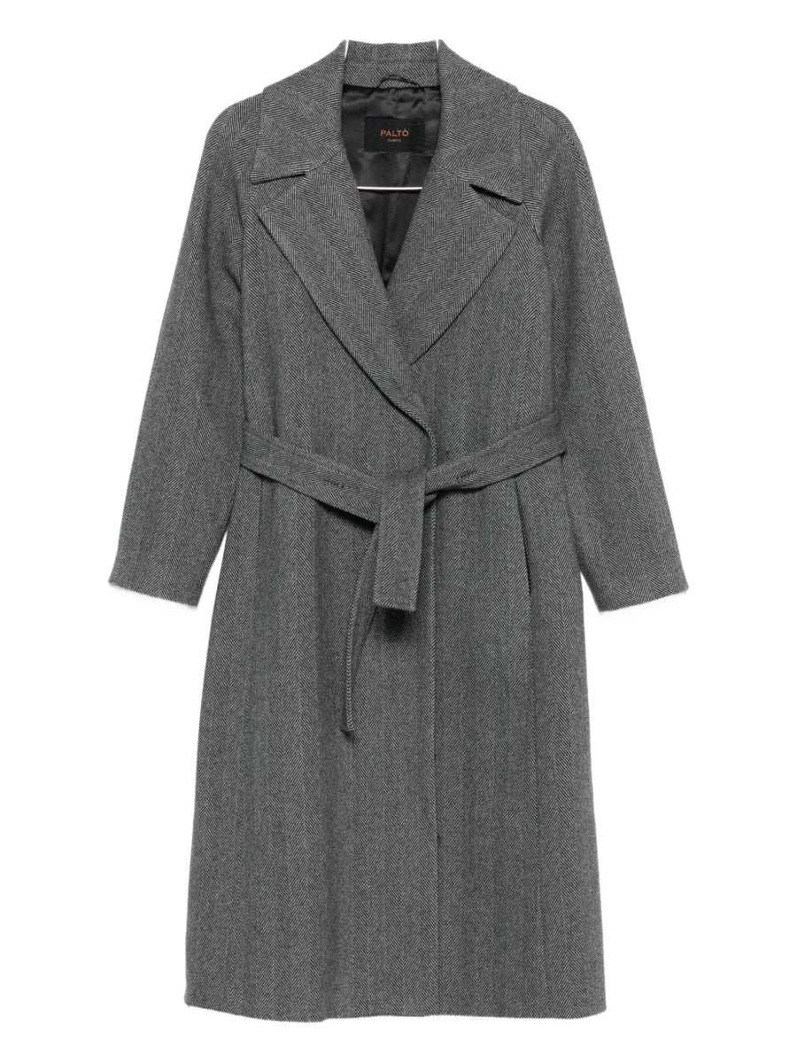 Paltò Wool Coat Women Belted Timeless Grey Herringbone