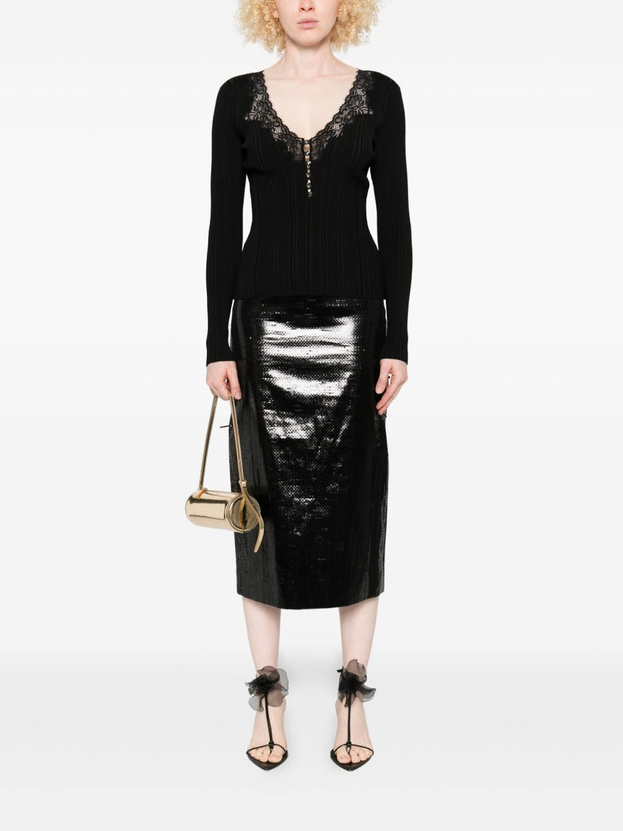 Self-Portrait Lace-Trimmed Ribbed Top For Women, Luxurious Black Knit With Delicate Lace Detail, Versatile