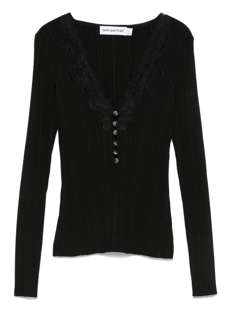 Self-Portrait Lace-Trimmed Ribbed Top For Women, Luxurious Black Knit With Delicate Lace Detail, Versatile