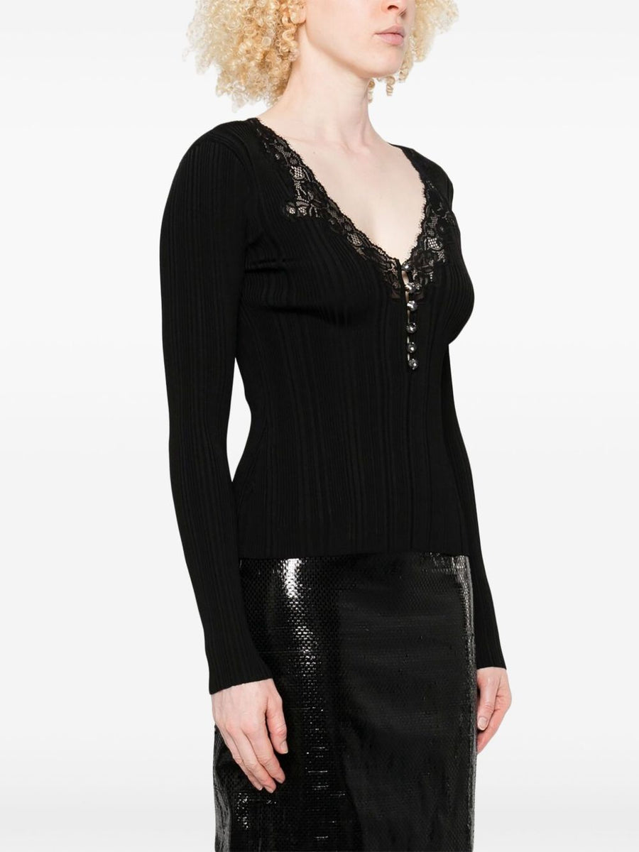 Self-Portrait Lace-Trimmed Ribbed Top For Women, Luxurious Black Knit With Delicate Lace Detail, Versatile