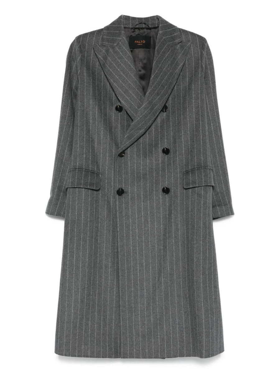 Paltò Wool Double Breasted Coat For Women Grey Pinstripe Peak Lapel Timeless Workwear
