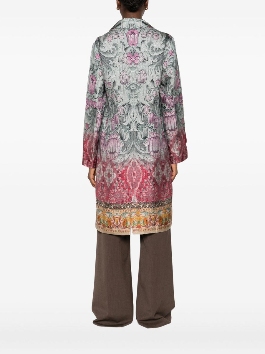 Pierre Louis Mascia Silk Printed Coat For Women With Ombre Floral Bead Detailing