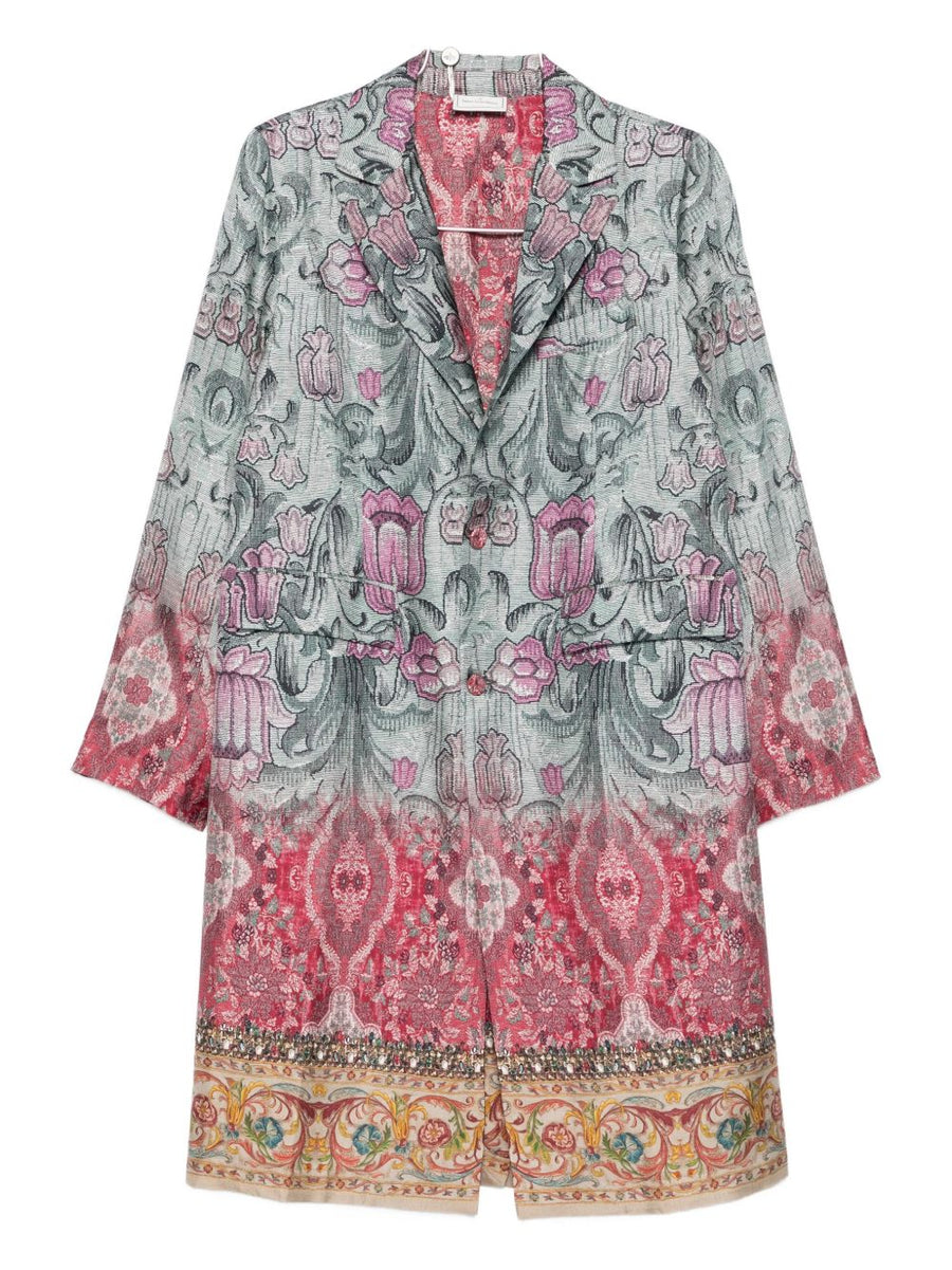 Pierre Louis Mascia Silk Printed Coat For Women With Ombre Floral Bead Detailing