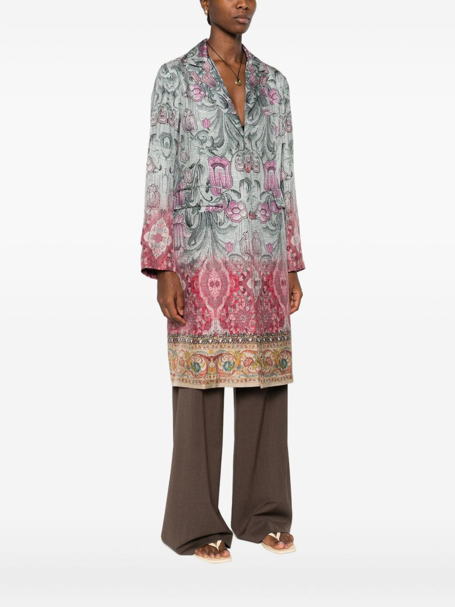Pierre Louis Mascia Silk Printed Coat For Women With Ombre Floral Bead Detailing