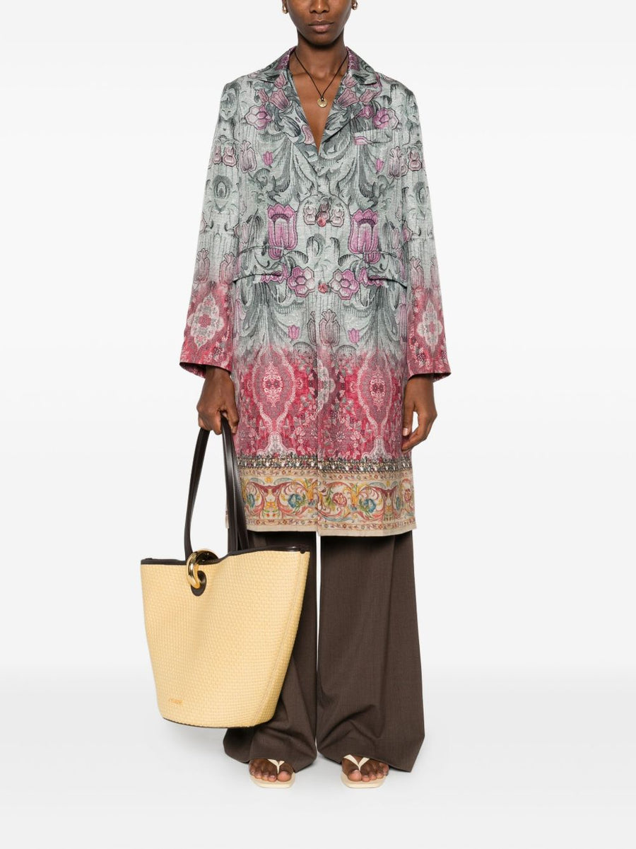 Pierre Louis Mascia Silk Printed Coat For Women With Ombre Floral Bead Detailing