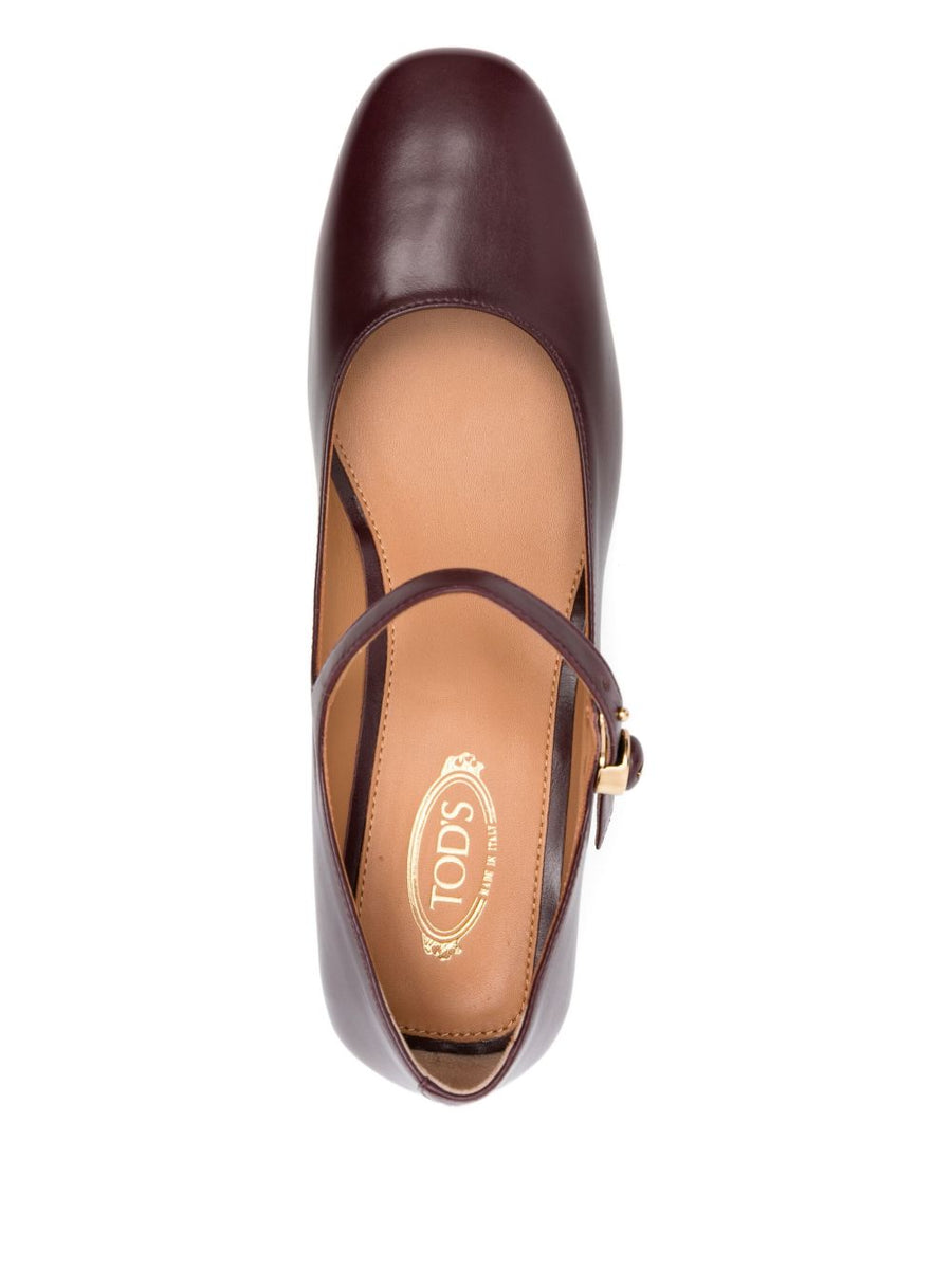 Tod's Mary Jane Pumps Calf Leather Brown 4cm Block Heel Ankle Strap For Women Office To Evening