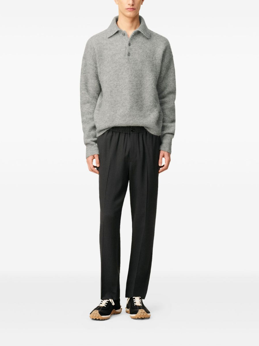 Ami Paris Wool Trousers For Men Elastic Waistband Pleated Front Dark Grey Luxury Dress Pants