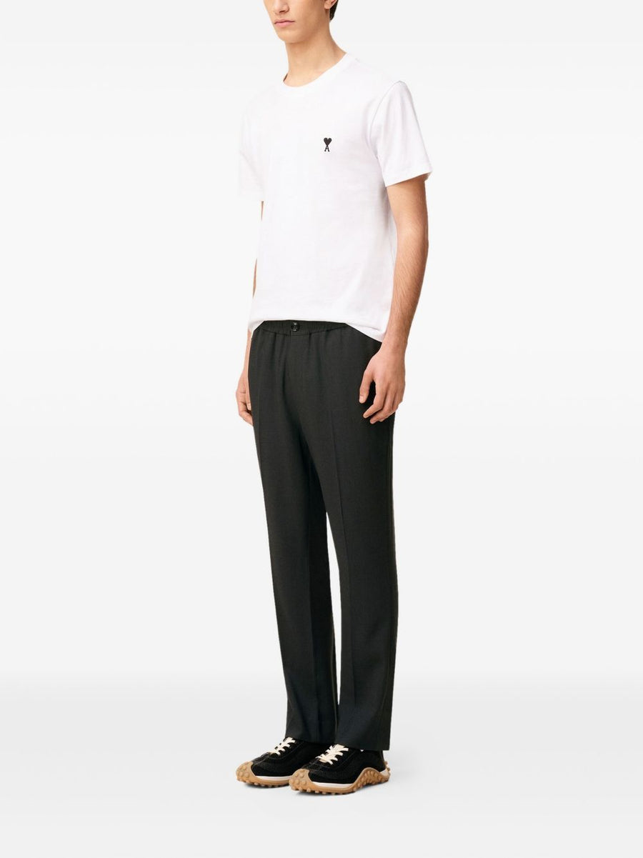 Ami Paris Wool Trousers For Men Elastic Waistband Pleated Front Dark Grey Luxury Dress Pants