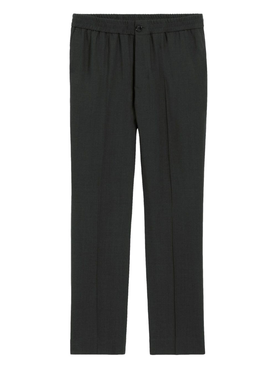 Ami Paris Wool Trousers For Men Elastic Waistband Pleated Front Dark Grey Luxury Dress Pants
