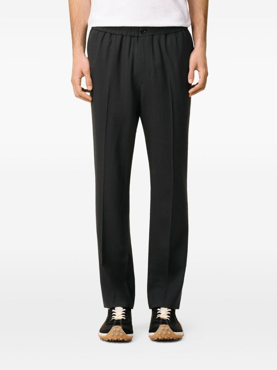 Ami Paris Wool Trousers For Men Elastic Waistband Pleated Front Dark Grey Luxury Dress Pants