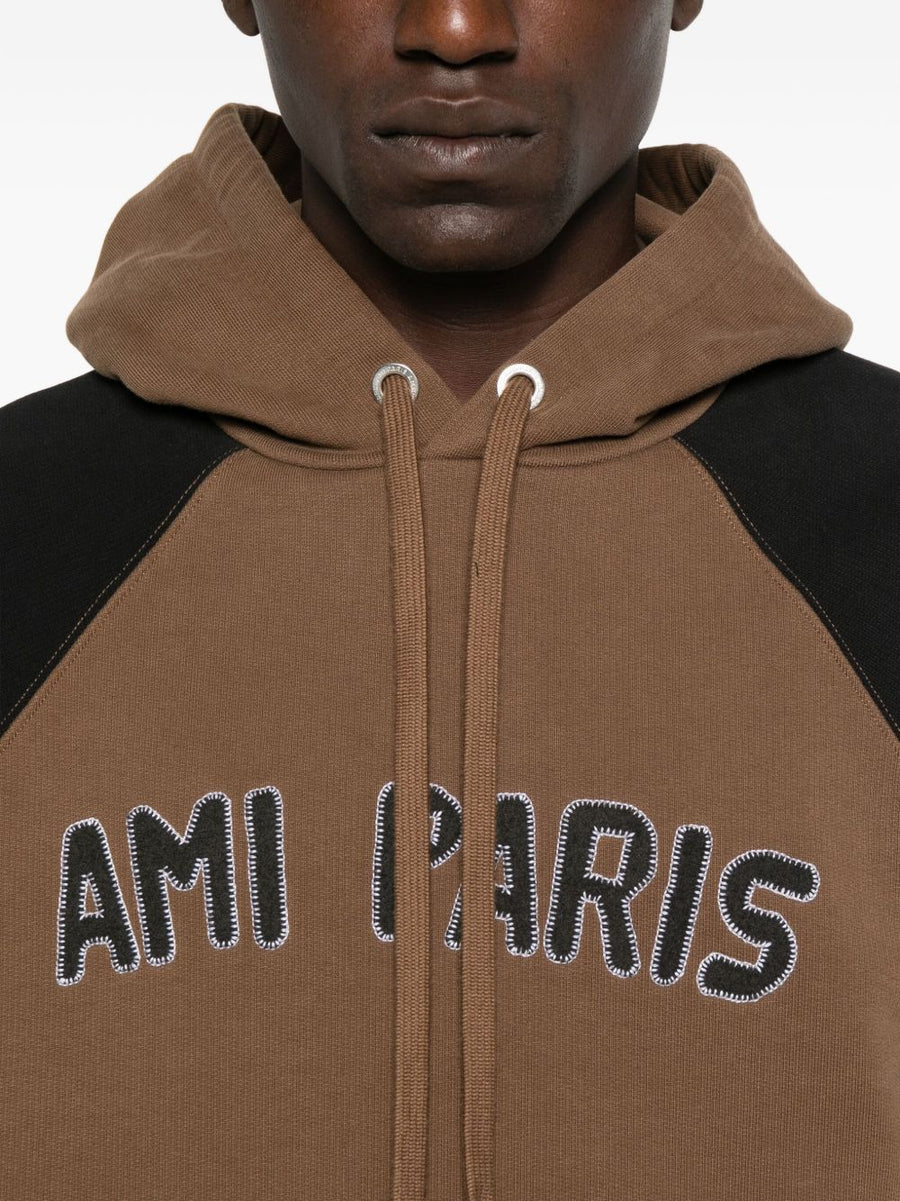 Ami Paris Premium Cotton Colorblock Hoodie For Men With Embroidered Logo And Kangaroo Pocket