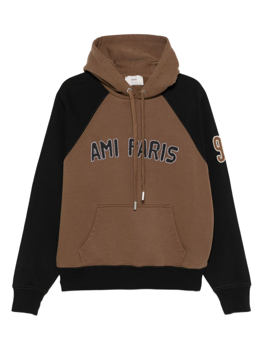 Ami Paris Premium Cotton Colorblock Hoodie For Men With Embroidered Logo And Kangaroo Pocket