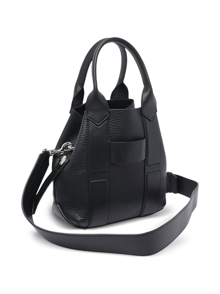 Hogan Pre Script Small Shopping Bag Black Calf Leather Concealed Closure Crossbody For Women