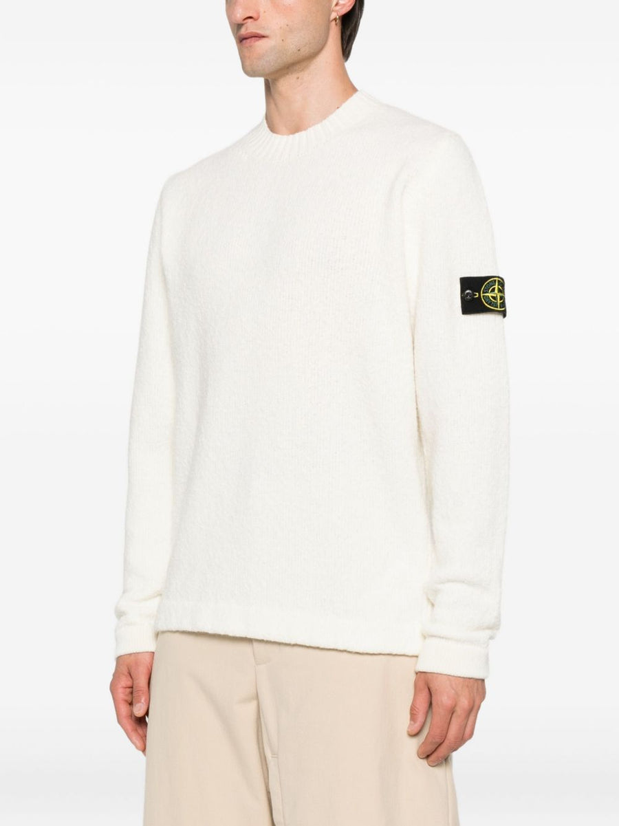 Stone Island Wool Blend Crewneck Sweater Ivory For Men Luxurious Warmth Signature Logo Patch