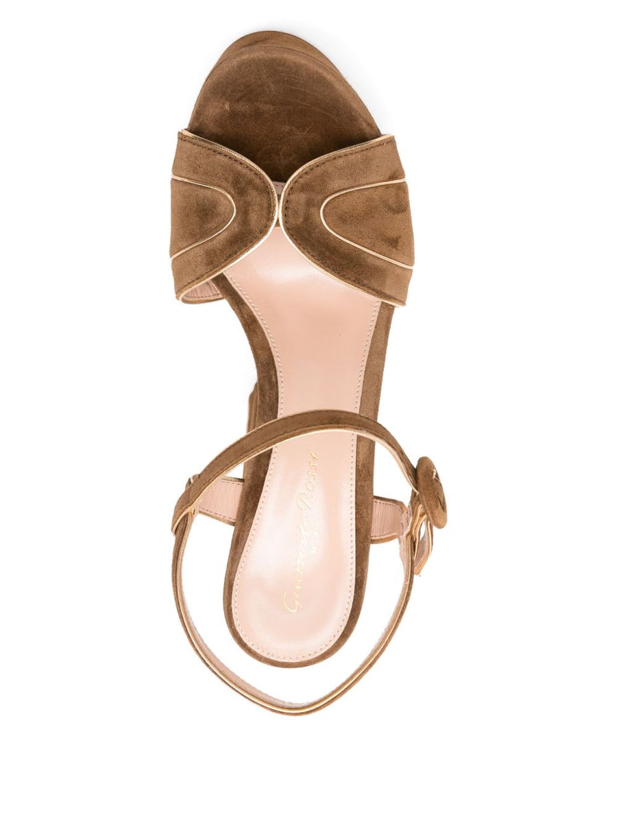 Gianvito Rossi Tamara Platform Sandals for Women Bold Brown Suede Ankle Strap Gold Hardware 13cm Heel