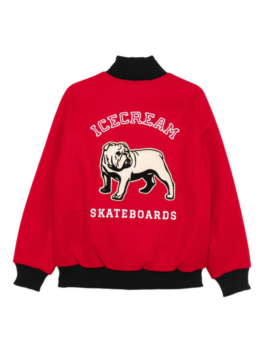Icecream Bold Red Embroidered Bulldog Bomber Jacket For Men With Button Closure And Ribbed Trims
