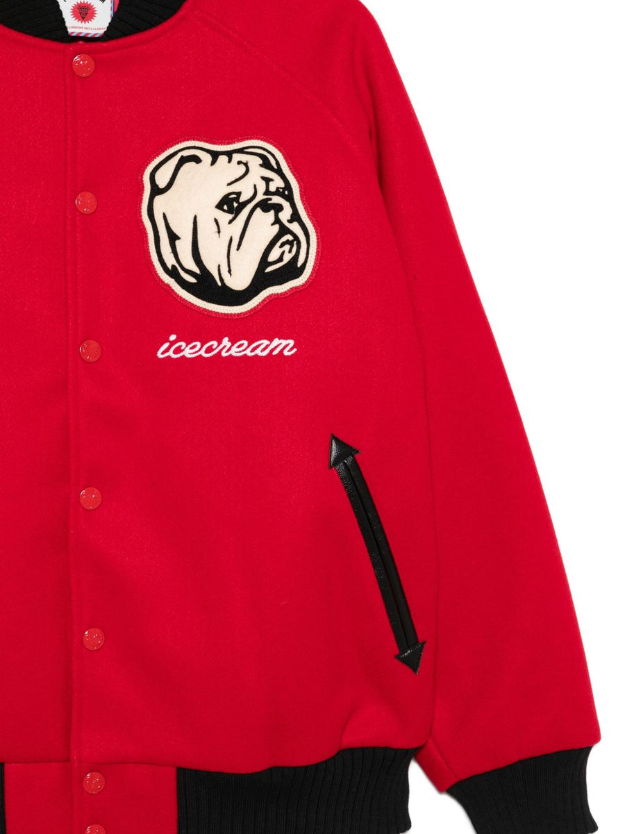 Icecream Bold Red Embroidered Bulldog Bomber Jacket For Men With Button Closure And Ribbed Trims