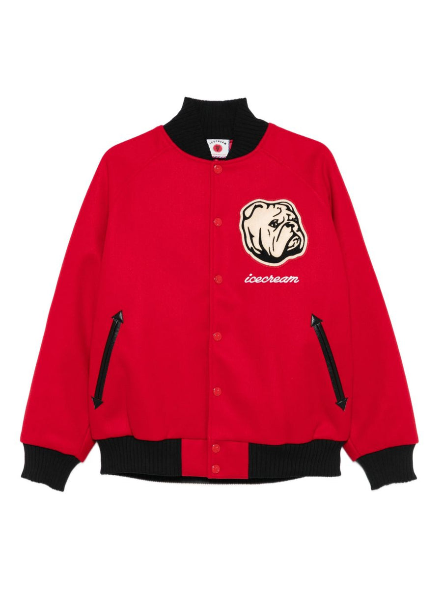 Icecream Bold Red Embroidered Bulldog Bomber Jacket For Men With Button Closure And Ribbed Trims