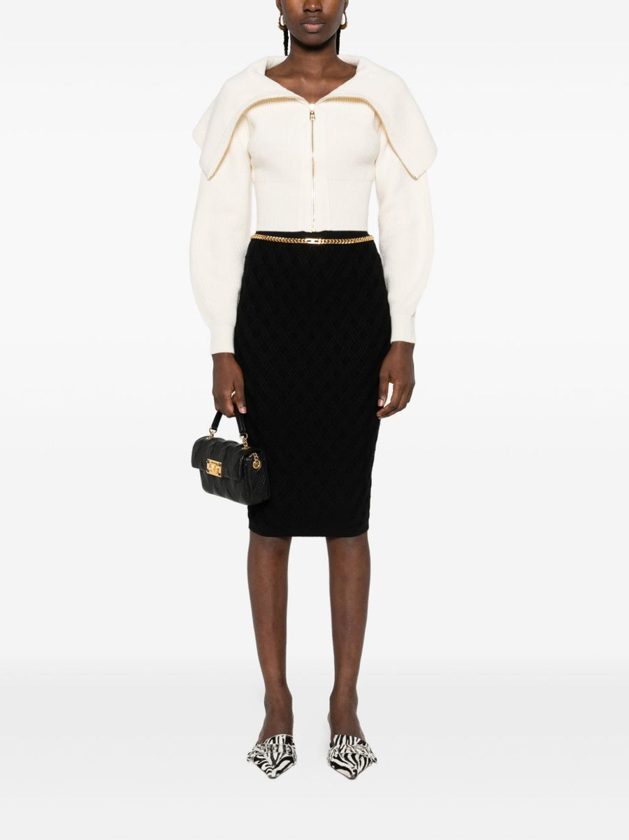 Elisabetta Franchi Knitted Midi Skirt With Chain Belt, Sleek Black Geometric Ribbed Knit For Modern Women