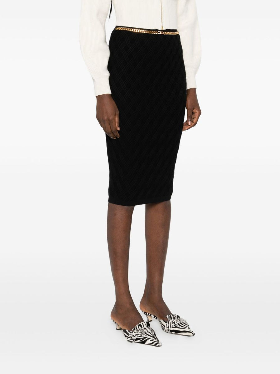 Elisabetta Franchi Knitted Midi Skirt With Chain Belt, Sleek Black Geometric Ribbed Knit For Modern Women