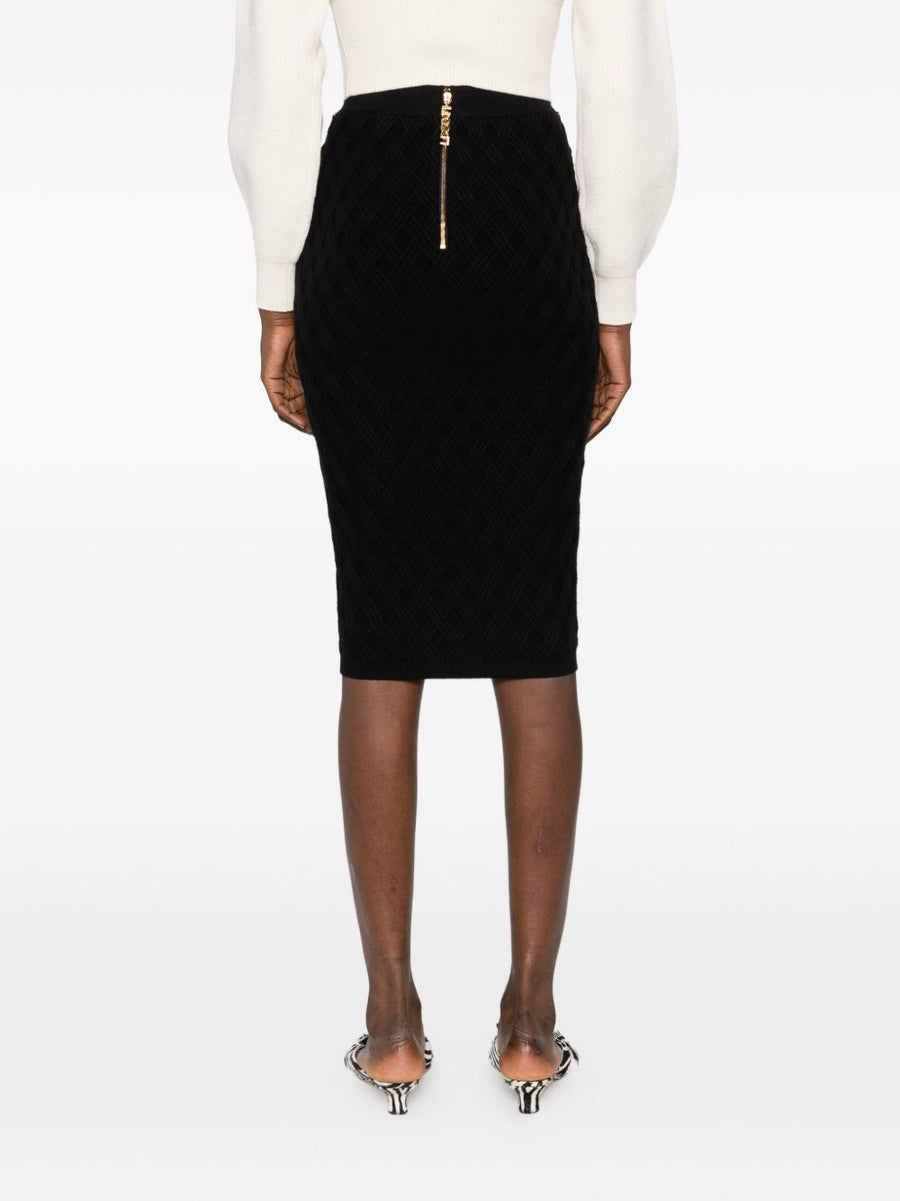 Elisabetta Franchi Knitted Midi Skirt With Chain Belt, Sleek Black Geometric Ribbed Knit For Modern Women