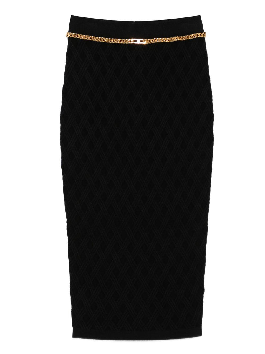 Elisabetta Franchi Knitted Midi Skirt With Chain Belt, Sleek Black Geometric Ribbed Knit For Modern Women