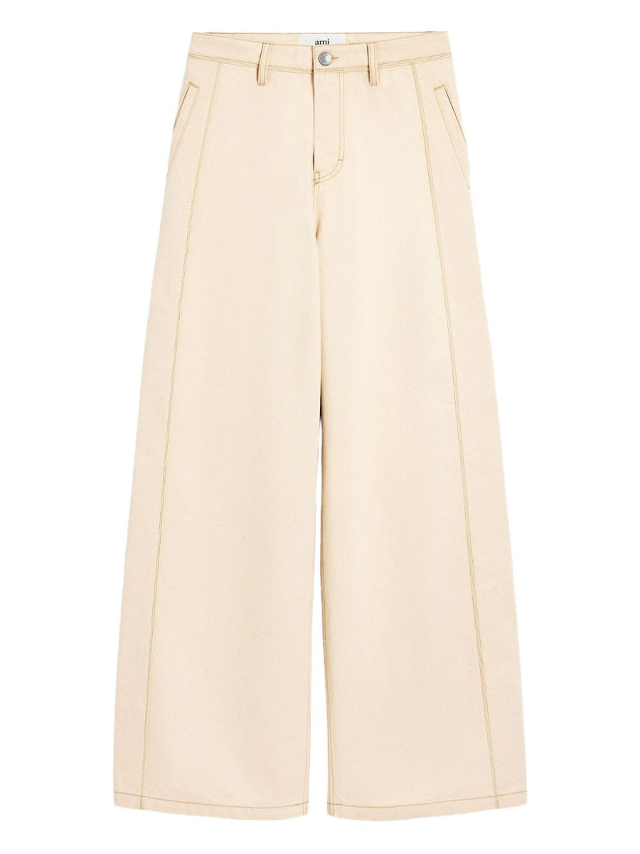 Ami Paris Super Wide Denim Jeans for Women Beige Cotton Luxury Wide Leg Silhouette Comfort