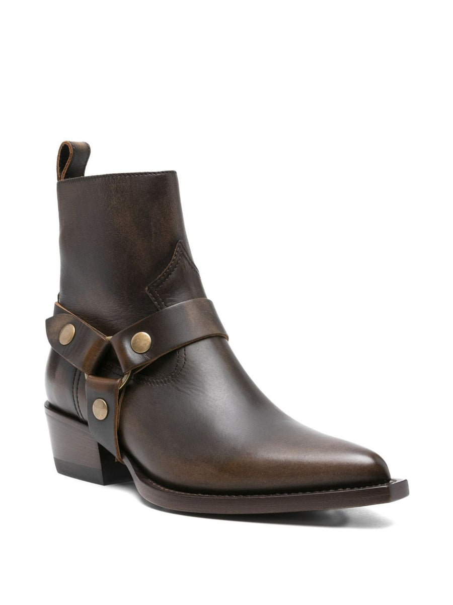 Golden Goose Debbie Ankle Boots For Women Dark Brown Calf Leather Pointed Toe Buckle Strap Gold Hardware 4cm Heel