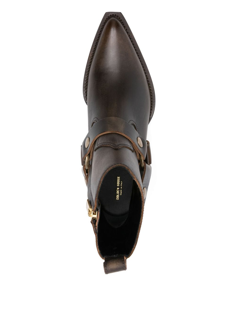 Golden Goose Debbie Ankle Boots For Women Dark Brown Calf Leather Pointed Toe Buckle Strap Gold Hardware 4cm Heel