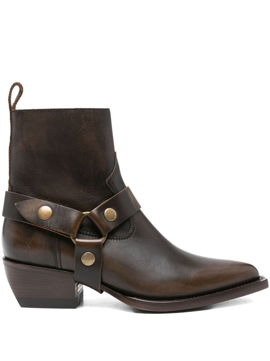 Golden Goose Debbie Ankle Boots For Women Dark Brown Calf Leather Pointed Toe Buckle Strap Gold Hardware 4cm Heel
